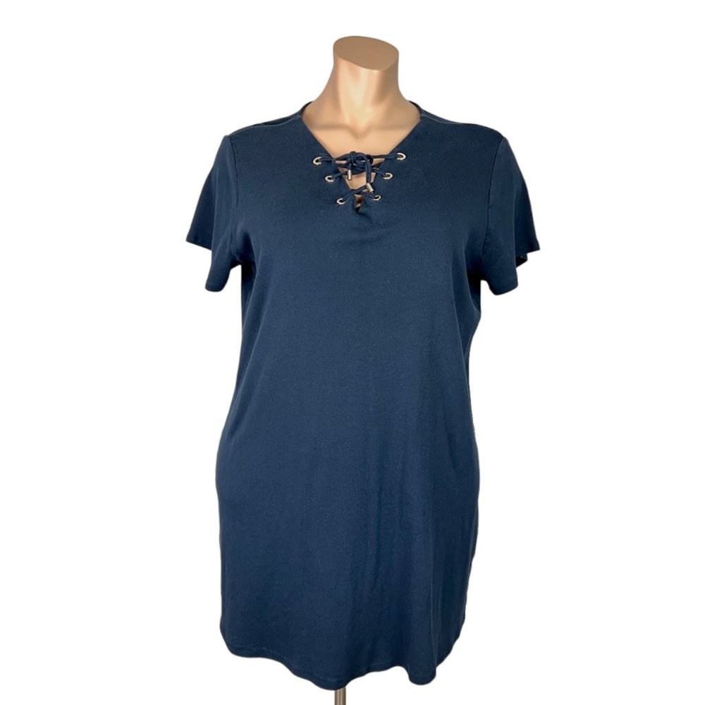Carmen Marc Valvo Woman Blue Lace Up Tee Shirt Dress Cotton Plus Size 1X